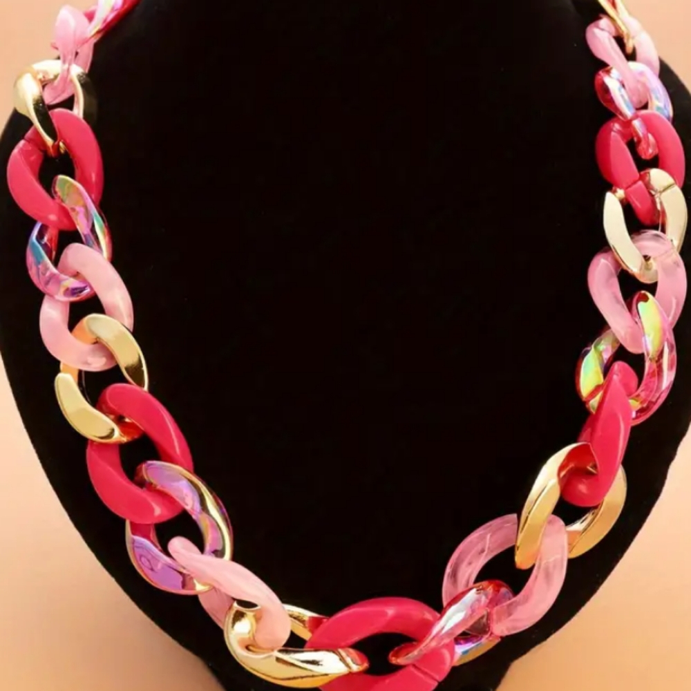 ACRYLIC 22-IN CURB LINK HOT PINK SLASH GOLD/BABY PINK - Picture 2 of 3
